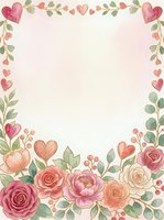 Watercolor floral frame with pink roses, peonies, and hearts on cream background. Isolated design element ready for wedding invitations, greeting cards, and stationery projects.