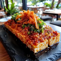 Crispy fried tofu topped with spicy sauce, sesame seeds, green onions and crispy carrot strips served on black stone plate in restaurant setting.