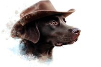 Chocolate Labrador Retriever wearing brown cowboy hat in artistic watercolor style portrait against white background, profile view of dog head.
