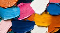 Vibrant oil paint strokes in blue, orange, pink, yellow and white create dynamic textural abstract composition with bold brushwork movement and artistic expression.