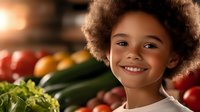 Young African American child with natural curly hair smiling brightly in kitchen setting with fresh colorful vegetables and produce in background, promoting healthy eating habits.