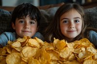 Two cheerful children lying on couch with large pile of crispy potato chips, enjoying snack time together. Close up portrait in warm home lighting.