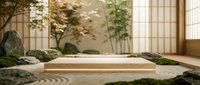 Serene Japanese zen garden with raked sand patterns, natural stones, and bamboo plants in traditional interior space for meditation and relaxation.