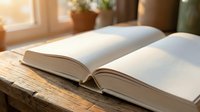 Open book with blank pages on wooden table near window with warm sunlight streaming in, potted plants in background creating cozy reading atmosphere.