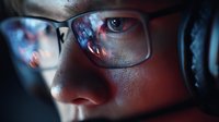 Close-up of young Asian male gamer wearing glasses with screen reflection, headphones visible, dramatic blue and red lighting creating intense gaming atmosphere.