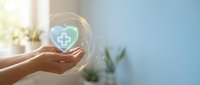 Hands holding glowing sphere with medical cross symbol, representing healthcare, wellness, and digital medicine technology for medical and health industry concepts.