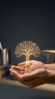 Hands holding glowing golden tree with roots against dark background, symbolizing growth, sustainability, environmental care, and business success for design projects.