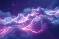 Glowing neon waves with pink and blue light streams flowing through starry night sky, creating dynamic abstract pattern of luminous energy lines.