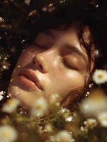 Young Asian woman with glowing dewy skin in sunlight among white daisies, eyes closed in serene expression, natural beauty and wellness concept.