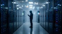 IT professional silhouette working with tablet in modern server room with glowing blue lights and data center equipment for technology solutions.