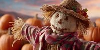 Cheerful scarecrow with straw hat and plaid shirt surrounded by orange pumpkins in autumn harvest setting with warm sunset sky for seasonal decorations.