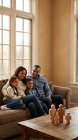 Happy mixed-race family of four sitting together on living room sofa with wooden toy figures on coffee table representing family unity and togetherness at home.