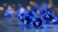Glowing blue dice with zodiac symbols on dark background with bokeh lights, mystical gaming concept for astrology and fortune telling purposes.