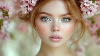 Young woman with blue eyes and natural makeup surrounded by delicate pink cherry blossoms, soft dreamy spring portrait with blurred floral background.