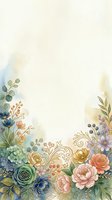 Watercolor floral border with roses, peonies and greenery on cream background, copy space for wedding invitations or cards.