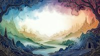 Fantasy landscape with ornate frame showing mystical valley, mountains, castle and flowing river in dreamy pastel colors for storytelling and design projects.