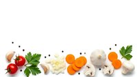 Fresh vegetables and herbs arranged on white background with tomatoes, carrots, mushrooms, garlic, onions and parsley for healthy cooking and meal preparation.