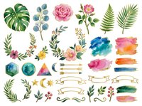 Watercolor botanical elements collection featuring tropical leaves, garden flowers, geometric shapes, decorative ribbons and watercolor paint strokes. Isolated clipart set ideal for invitations, scrapbooking and design projects.