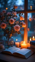 Cozy evening atmosphere with open book, glowing candles and pink roses in vase by window. Romantic reading setup with warm bokeh lights and moody blue twilight.