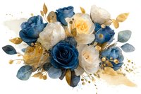 Elegant floral arrangement with navy blue and cream roses, golden leaves and watercolor splashes on white background, suitable for wedding stationery and decor.