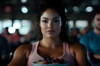 Young African American woman with natural curly hair holding fresh berries and healthy breakfast bowl against dark blurred background with bokeh lights.