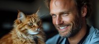 Bearded Caucasian man with bright smile holding ginger Maine Coon cat, close-up portrait showing bond between pet owner and feline companion.
