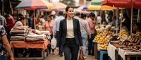 Professional businesswoman walking through vibrant outdoor farmers market with fresh produce stalls and colorful umbrellas in busy marketplace setting.