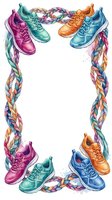 Colorful athletic sneakers arranged in a frame with vibrant braided rope borders, featuring magenta, teal, orange, and blue trainers on white background for sports and lifestyle designs.