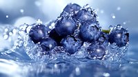 Fresh blueberries splashing in crystal clear water with droplets and ripples creating dynamic motion against blue background, macro food photography.