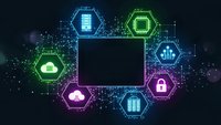 Digital technology network with glowing hexagonal icons surrounding central screen displaying cloud computing, data analytics and cybersecurity concepts.