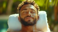 Young African American man with closed eyes and beard relaxing on white spa pillow, expressing serenity and wellness against blurred natural background.