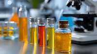 Laboratory glass vials with colorful liquid samples in yellow, orange and red shades arranged in row with microscope in background for scientific research.