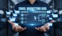 Professional businessman presenting holographic email marketing dashboard with digital interface elements and automation workflow icons for business campaigns.