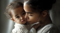 Young woman gently kissing toddler on cheek in soft window light, creating intimate family moment with warm, emotional connection.