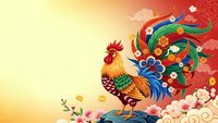Colorful rooster with ornate decorative patterns stands on rock surrounded by blooming flowers against gradient background for lunar new year celebrations.