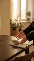 Woman hands holding ceramic bowl with dried herbs on wooden table in warm sunlit kitchen interior with plants and natural lighting atmosphere.