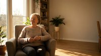 Relaxed middle-aged Caucasian woman sitting comfortably in modern armchair by window with natural sunlight streaming in cozy living room interior.