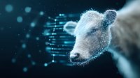 Futuristic sheep head composed of glowing particles and digital elements against dark background, representing artificial intelligence in agriculture.