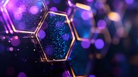 Glowing hexagonal shapes with golden edges against purple and blue bokeh background, sparkling particles create magical atmosphere for technology concept designs.