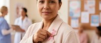 Middle-aged Hispanic female healthcare professional in pink scrubs showing thumbs up gesture in modern medical facility with colleagues working in background.