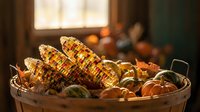 Autumn harvest basket filled with colorful corn cobs and small pumpkins in warm rustic kitchen setting for seasonal decorating and thanksgiving displays.