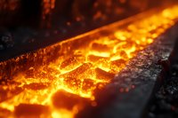 Molten metal flowing in foundry channel, glowing orange-yellow with intense heat in industrial metallurgy process.