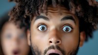 Young African American man with curly afro hair and surprised facial expression looking at camera with wide eyes and open mouth against blurred background.