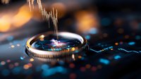 Macro photography of golden ring with water drops and blue light reflections creating artistic bokeh effect on dark background with dramatic lighting.
