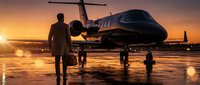 Business executive silhouette standing near luxury private jet helicopter at sunset airport tarmac with dramatic golden sky lighting for corporate travel.
