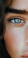 Close-up of bright blue eye with long eyelashes and natural freckles on fair skin, showing detailed iris pattern and eyebrow against soft-focus background.