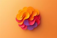 Abstract layered paper flower in vibrant orange, red and purple gradient colors on orange background. Modern minimalist composition with curved shapes creates depth.
