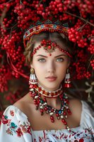 Young Caucasian woman in traditional Slavic folk costume with ornate red beaded headdress and jewelry, surrounded by bright red berries, wearing embroidered white dress.