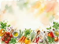 Watercolor cooking ingredients and fresh vegetables arranged on white background with herbs, oils, and kitchen utensils for culinary design projects.