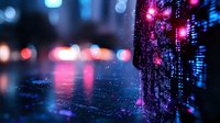 Futuristic digital matrix with glowing pink and blue lights reflecting on wet surface, creating atmospheric cyberpunk scene with bokeh effect and data visualization elements.